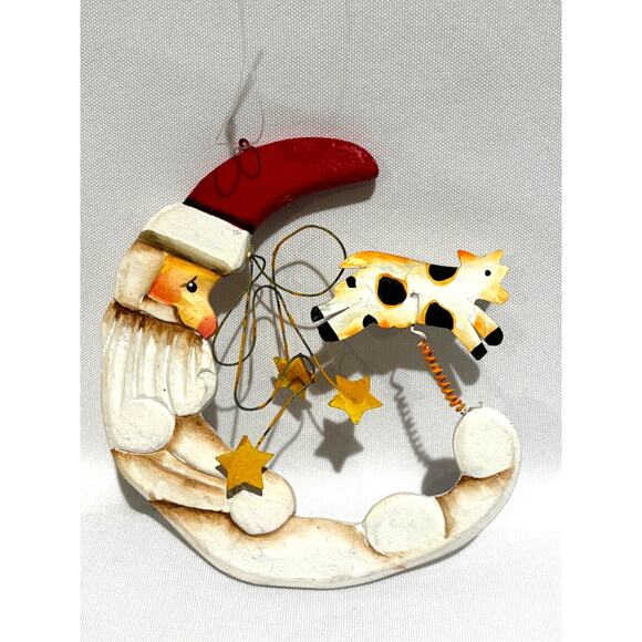 Vintage Santa Jumping Over the Moon Christmas Ornament Wood Country folk art - Picture 2 of 4